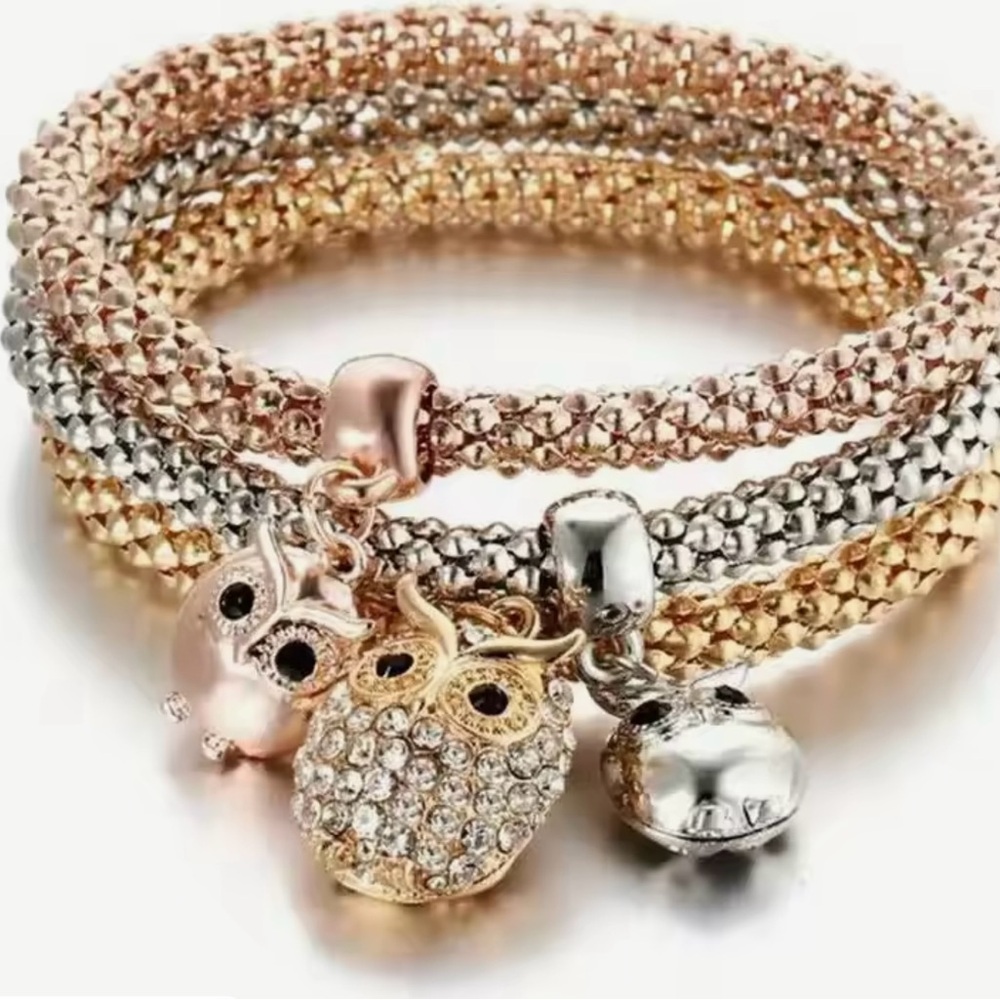 NEW Elegant Owl Charm Bracelet Set in Gold, Silver, and Rose Gold